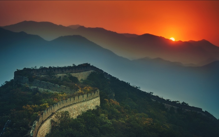 Grande muralha, montanhas, pôr do sol, anoitecer Papéis de Parede, imagem