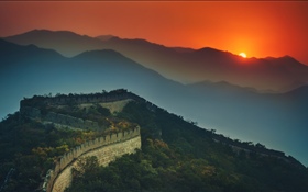 Grande muralha, montanhas, pôr do sol, anoitecer HD Papéis de Parede