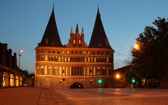 Alemanha, holstentor, lubeck, castelo, noturna, luzes Papéis de Parede, imagem