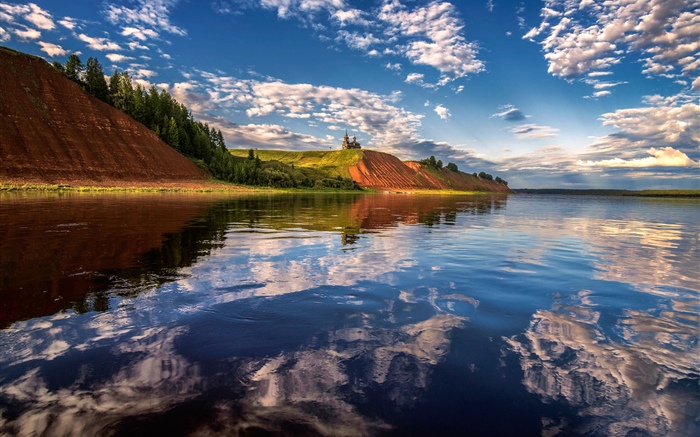 Rio Mezen, Rússia, castelo, reflexão da água, nuvens Papéis de Parede, imagem