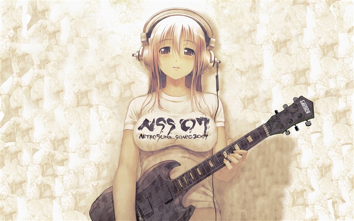 Menina do anime, auscultadores, guitarra Papéis de Parede, imagem