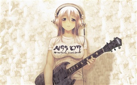 Menina do anime, auscultadores, guitarra HD Papéis de Parede