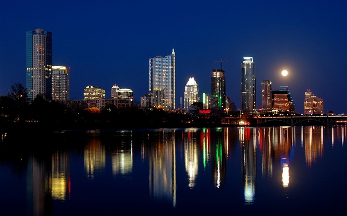 Austin, EUA, noite da cidade, arranha-céus, luzes, rio, lua Papéis de Parede, imagem