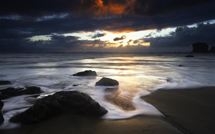 Praia, pedras, mar, nuvens, por do sol Papéis de Parede, imagem