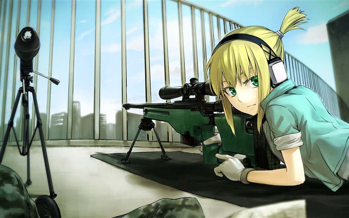Anime menina loira, olhos verdes, atirador Papéis de Parede, imagem