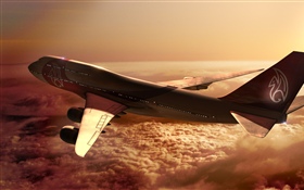 Avião de Boeing 747, nuvens, sol HD Papéis de Parede