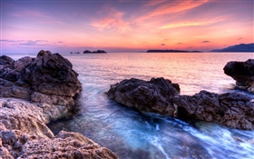 Costa, rochas, pôr do sol HD Papéis de Parede
