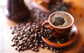 Grãos de café, copo, espuma, vapor HD Papéis de Parede