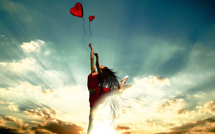 Garota dançando, saia vermelha, coração de amor, nuvens, raios de sol Papéis de Parede, imagem