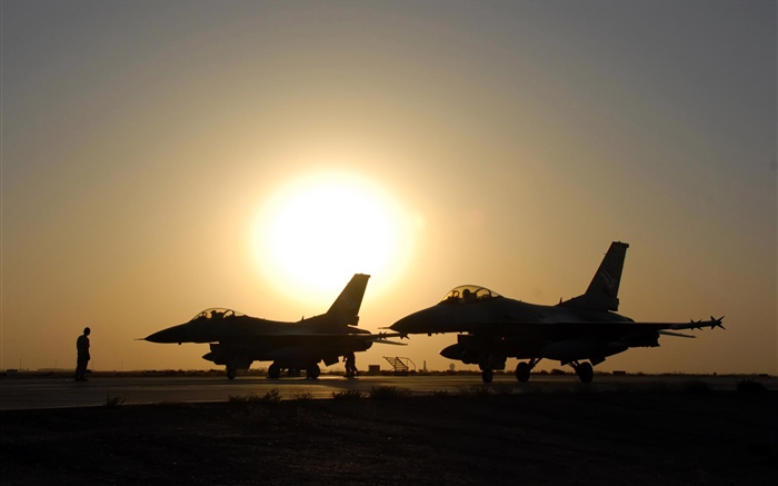 F-16 lutadores, pôr do sol Papéis de Parede, imagem