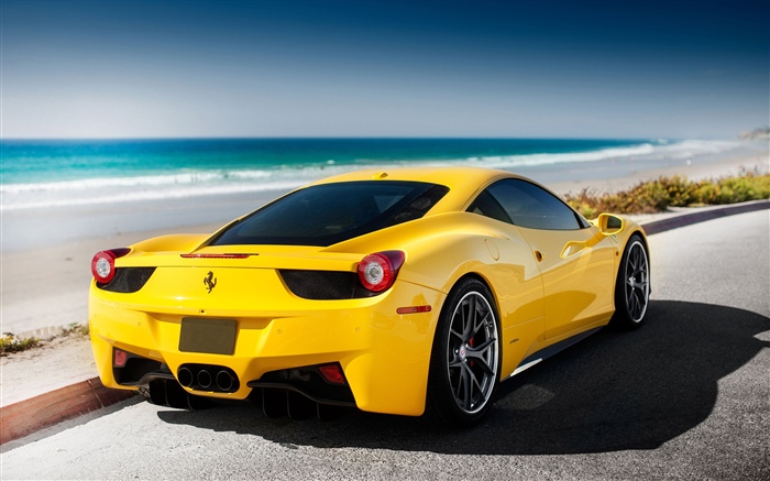 Ferrari carro amarelo, mar, praia Papéis de Parede, imagem