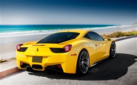 Ferrari carro amarelo, mar, praia HD Papéis de Parede