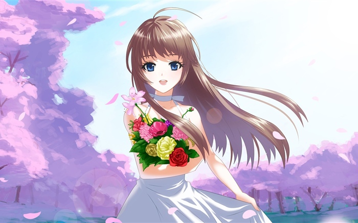 Menina feliz do anime, flores, vento Papéis de Parede, imagem