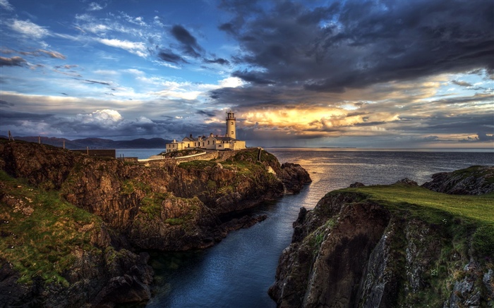 Ireland, farol, mar, rochas, por do sol Papéis de Parede, imagem