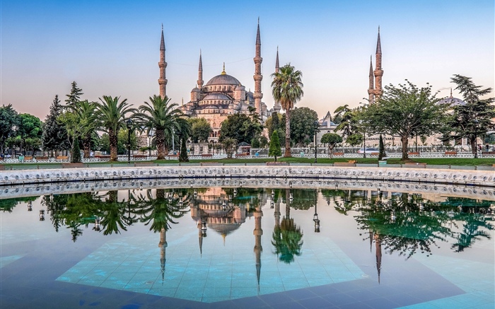 Istambul, Turquia, mesquita, árvores, água Papéis de Parede, imagem