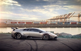 Vista lateral de supercarro prata Lamborghini HD Papéis de Parede