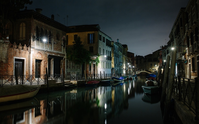 Veneza, Italy, Rio, casas, ponte, noite Papéis de Parede, imagem