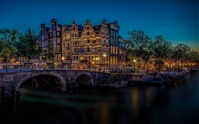 Amsterdã, Holanda, ponte, rio, luzes, noite