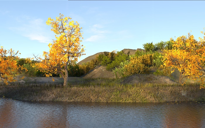 Outono, lago, árvores, folhas amarelas Papéis de Parede, imagem