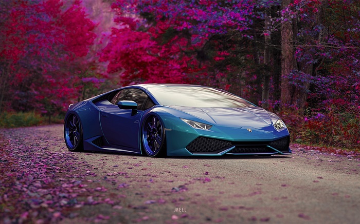Supercarro azul Lamborghini, outono Papéis de Parede, imagem