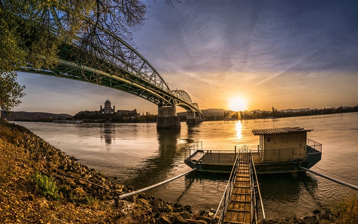 Ponte, rio, barco, pôr do sol Papéis de Parede, imagem