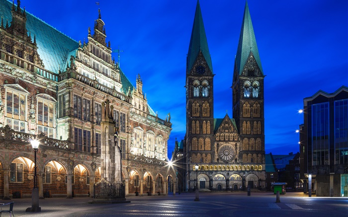 Alemanha, Bremen, cidade, noite, luzes Papéis de Parede, imagem