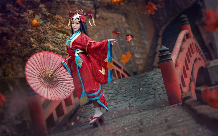 Vestido vermelho menina japonesa, quimono, pose Papéis de Parede, imagem
