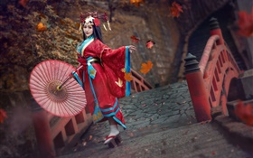 Vestido vermelho menina japonesa, quimono, pose HD Papéis de Parede