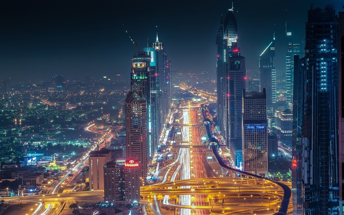 Dubai, arranha-céus, estradas, luzes, noite Papéis de Parede, imagem