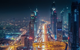 Dubai, arranha-céus, estradas, luzes, noite