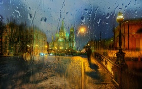 São Petersburgo, vidro, gotas de água, chuva, noite, cidade