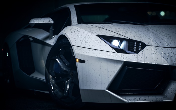 Supercarro Lamborghini branco, gotas de água Papéis de Parede, imagem